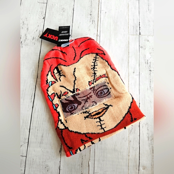 Chucky Halloween Cuff Roll down Beanie Cap O/S Unisex Adult Red & Black Soft - Picture 4 of 8